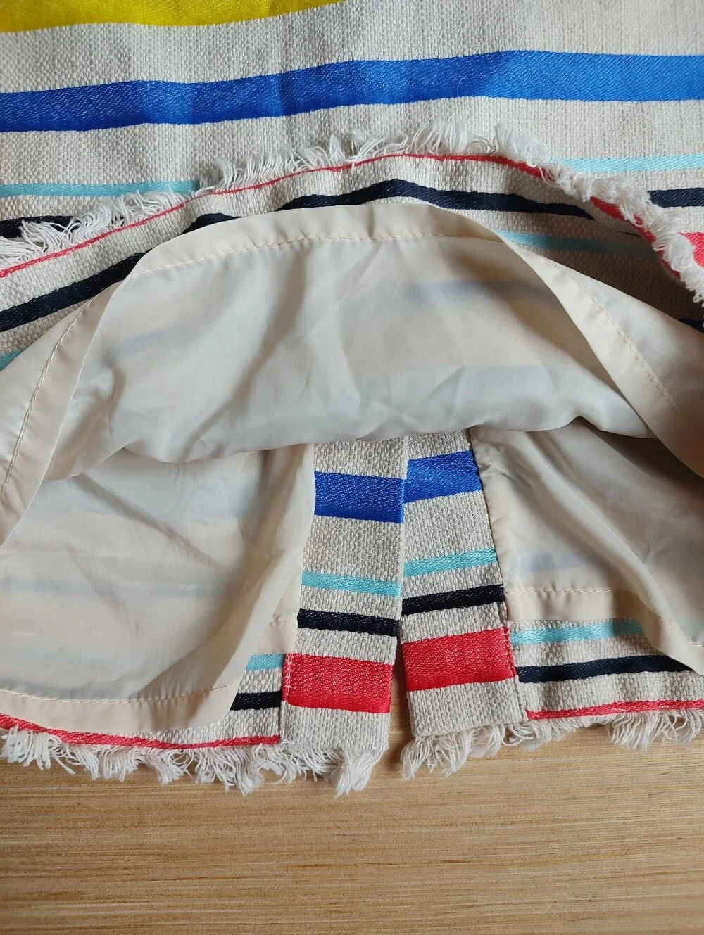 J Crew Striped Pencil Knee Skirt Fringe Red Yellow Blue Cream Lined 4 Back Slit
